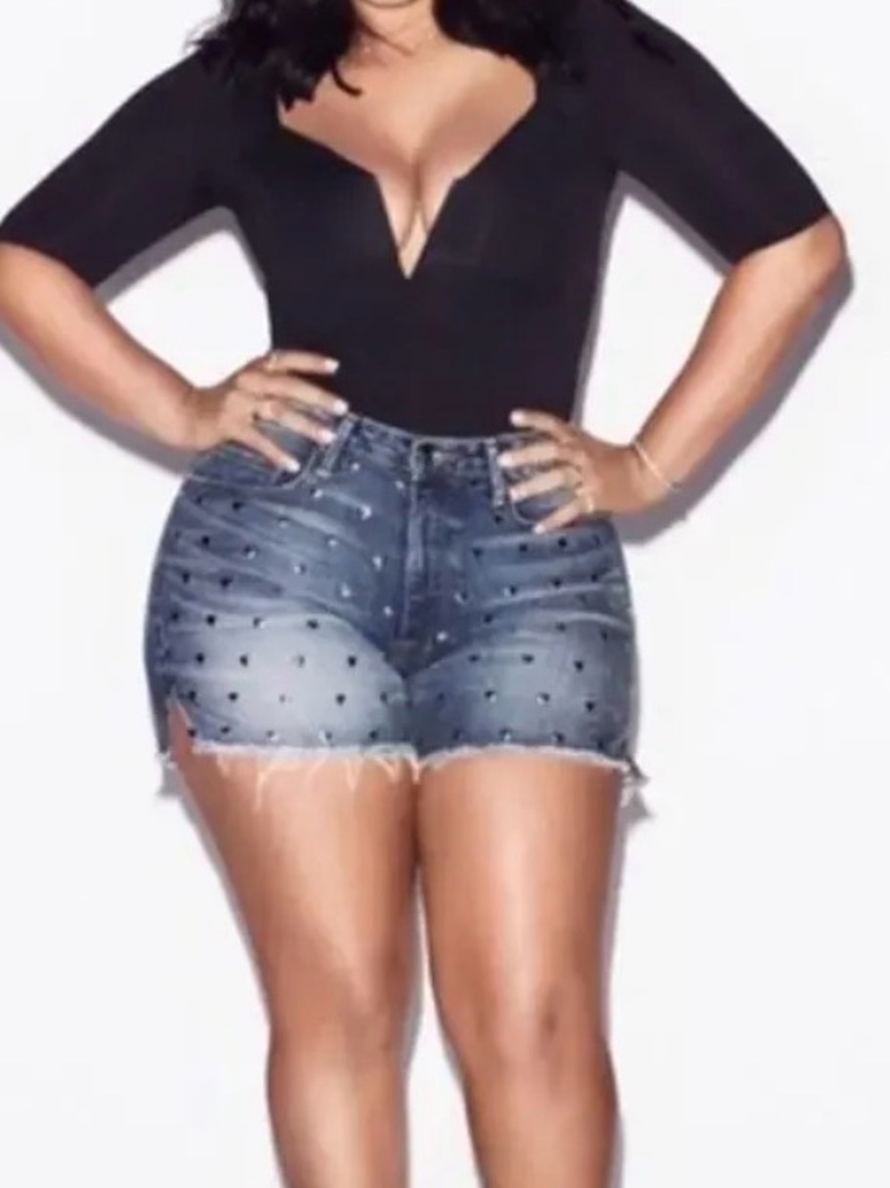 Good American Blue Denim Heart-Stud Cropped Shorts
